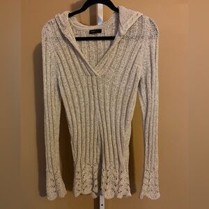 BCBG Maxazria Womens Size Large Beige Knit Hooded Pullover Sweater y2k